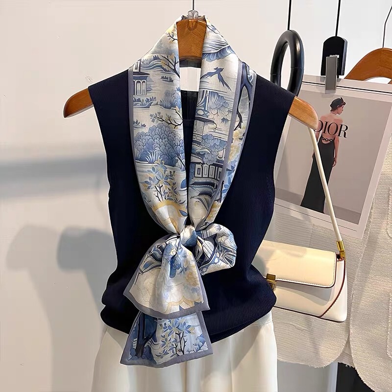 Silk Scarf Small Long Strip Women's 2024 New Spring and Autumn Scarf 100 Mulberry Silk Decorative Scarf Double-Sided Ribbon Women