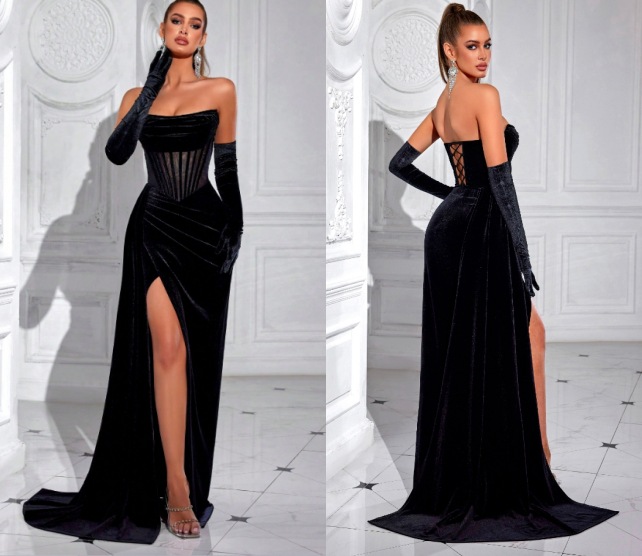Nuevo vestido de terciopelo coreano transfronterizo sexy de hueso de pez, vestido de fiesta de pecho, vestido largo de alta gama al por mayor