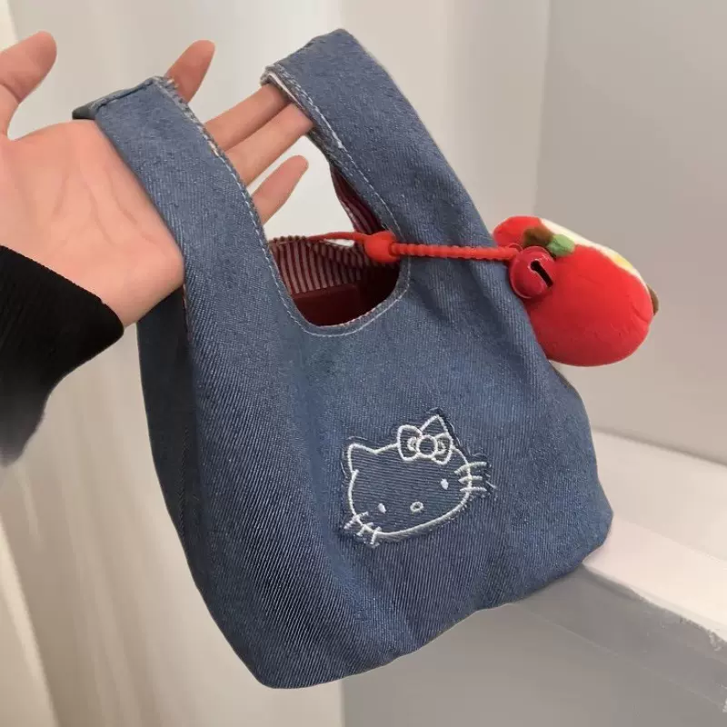 可爱新款牛仔通勤刺绣拎包包小众外出便携收纳手提包
