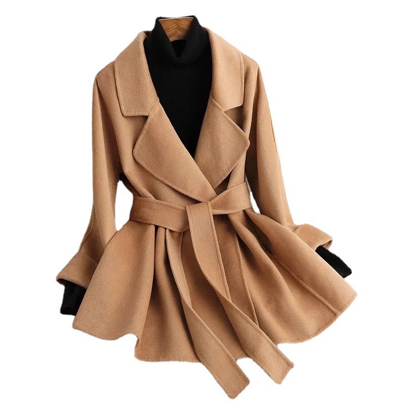 Double-sided woolen coat female autumn and winter 2023 new small camel lace up shoulder sleeve loose coat