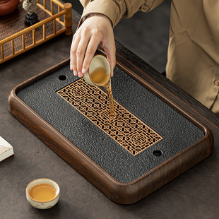 High-End Imitation Black Gold Stone Tea Tray Household Tea Table Drain Tray Tea Tray Tea Set 2024 New Tea Sea Set Dry Brewing