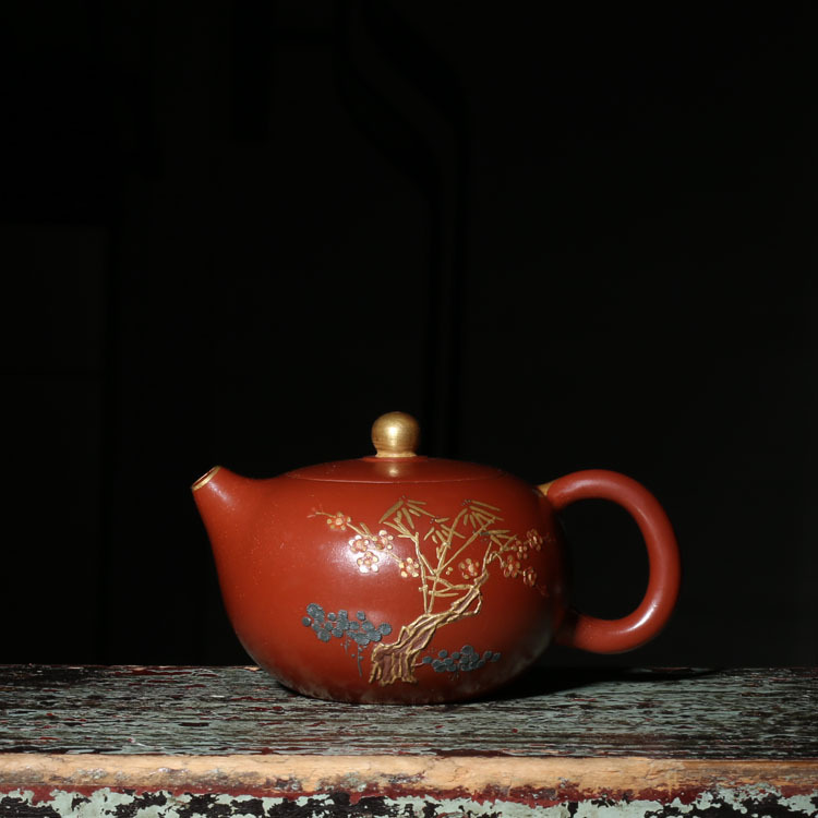 宜兴早期一厂老茶壶1968紫砂大红袍顾景舟款泥绘描金老壶台湾回流