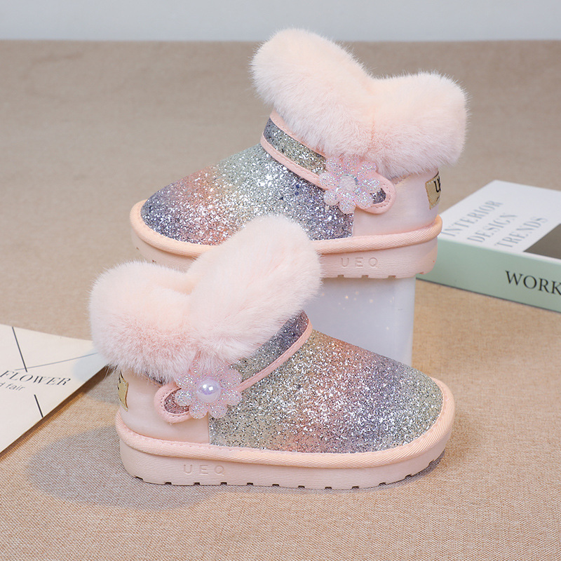 Botas de nieve de niñas 2025 nuevas botas de algodón cálidas de invierno con botas de lana para niños zapatos de algodón esquinilla princesa de moda botas cortas