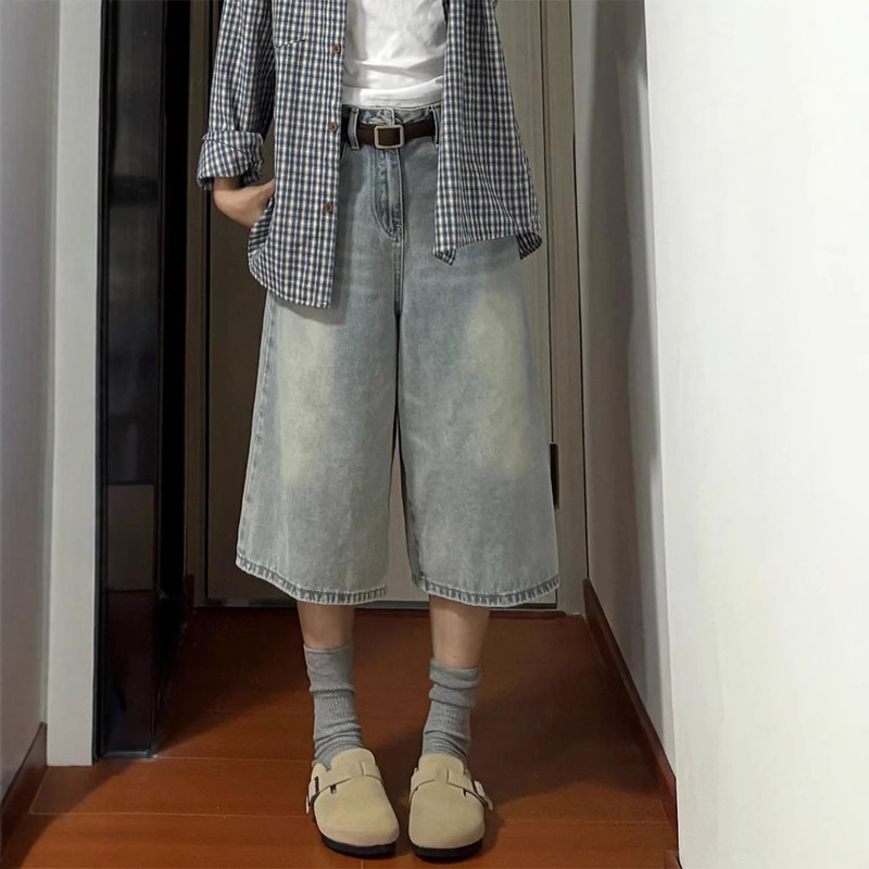 plus size American Retro Black Denim Capri Pants Women's Summer Low Waist Loose Overalls Pants Short Pants