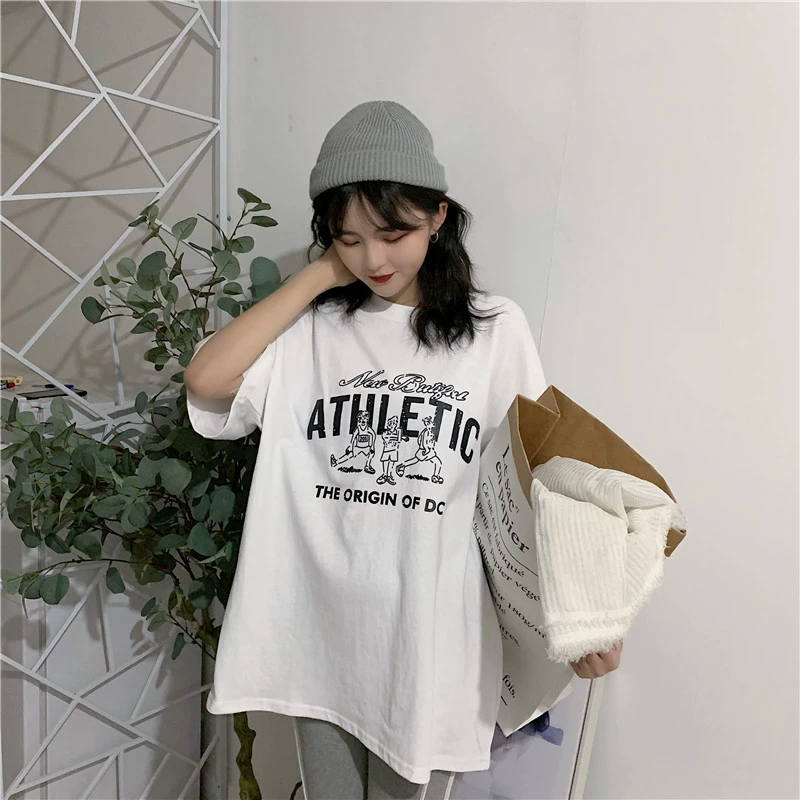 2025 весна и лето новая корейская версия рубашки с половиной рукава креативная мультяшная свободная футболка с короткими рукавами из хлопка женская