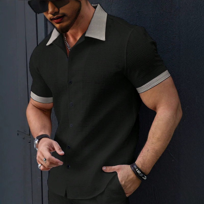 Printed short-sleeve shirt with contrasting color collar, light business style, slim fit, men's summer commuter top Printed short-sleeve shirt with contrasting color collar, light business style, slim fit, men's summer commuter top
