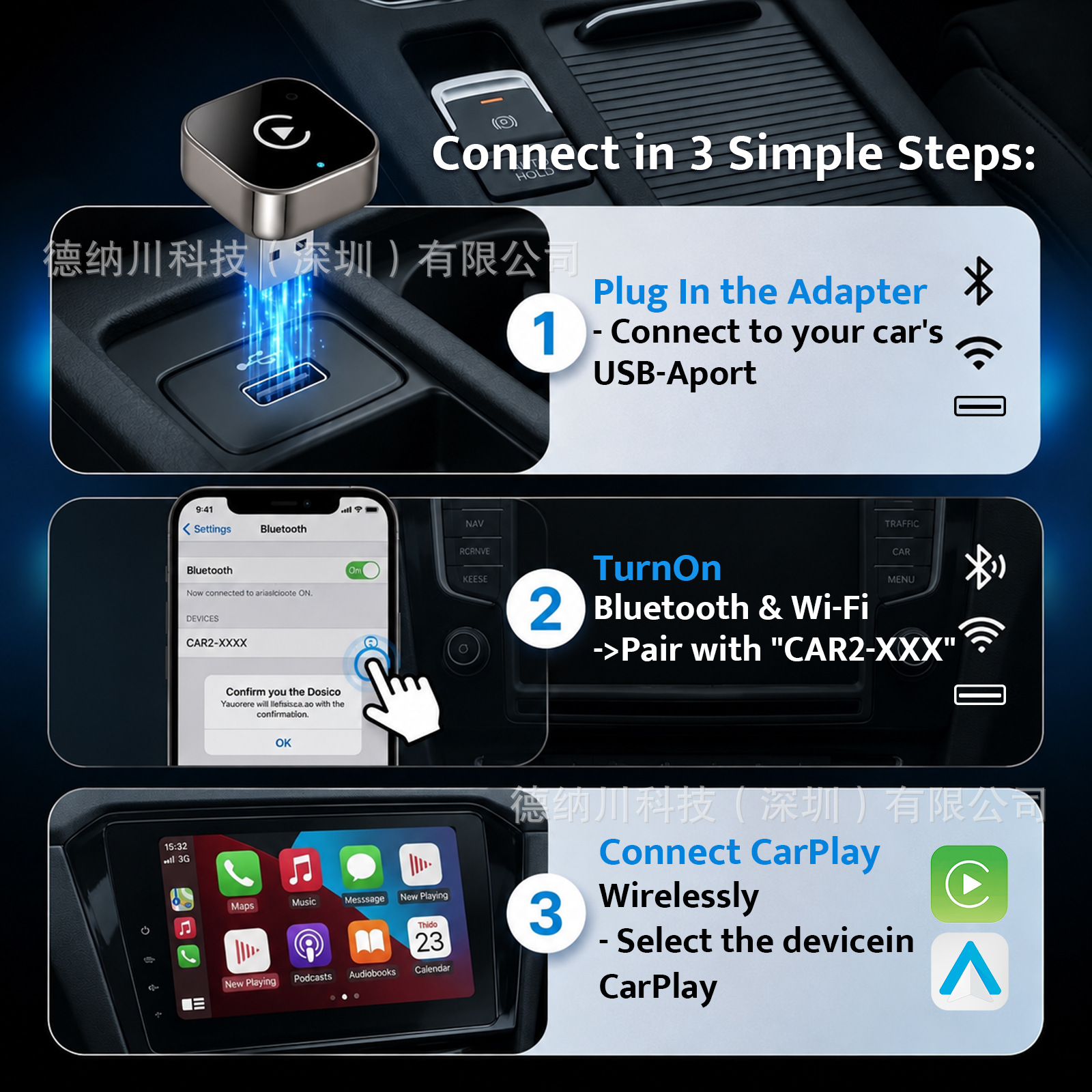 Cross-border wireless CarPlay adapter, compatible with wired connections, for in-car navigation, supporting both Apple and Android devices, dual-mode