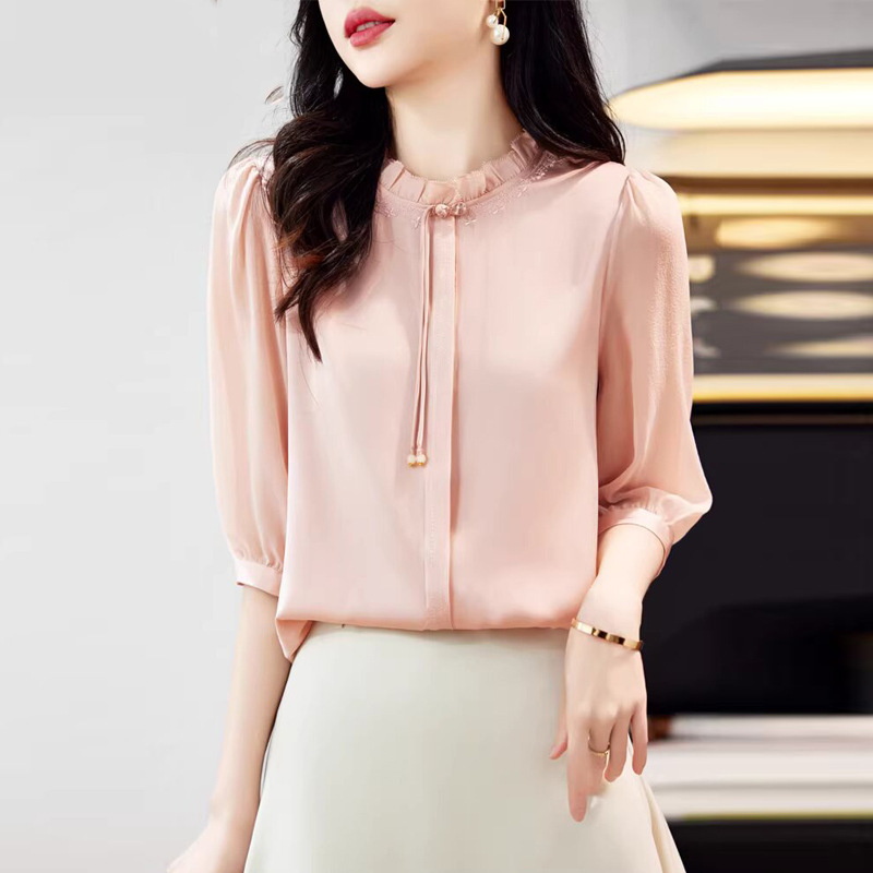 Hangzhou Heavyweight Silk Shirt for Women, New Chinese Style 2026 Summer Model, Elegant and Fashionable Five-Quarter Sleeve Mulberry Silk Top