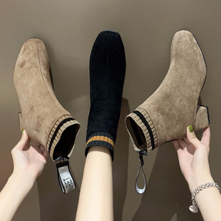 Small short boots for women 2023 new autumn versatile plus size Korean style retro simple thick heel high heel Internet celebrity woolen boots fashion