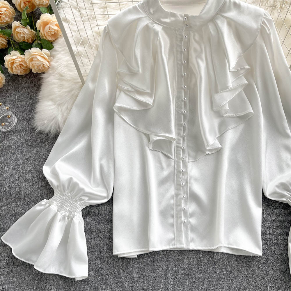 Chic GraceChic GraceChic GraceChic Foreign Trade French High-End Shirt For Women With Ruffled Stand Collar, Single-Breasted Sweet And Elegant Lantern_voghion.com