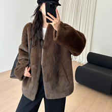 秋冬V领仿水貂毛复合皮毛一体外套女毛感中长款环保皮草通勤风