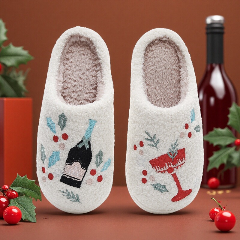 Amazon Christmas Atmosphere New Product Fleece-Lined Cotton Slippers Autumn and Winter Home Comfort Warm Non-Slip Wool Slippers Women's Shoes