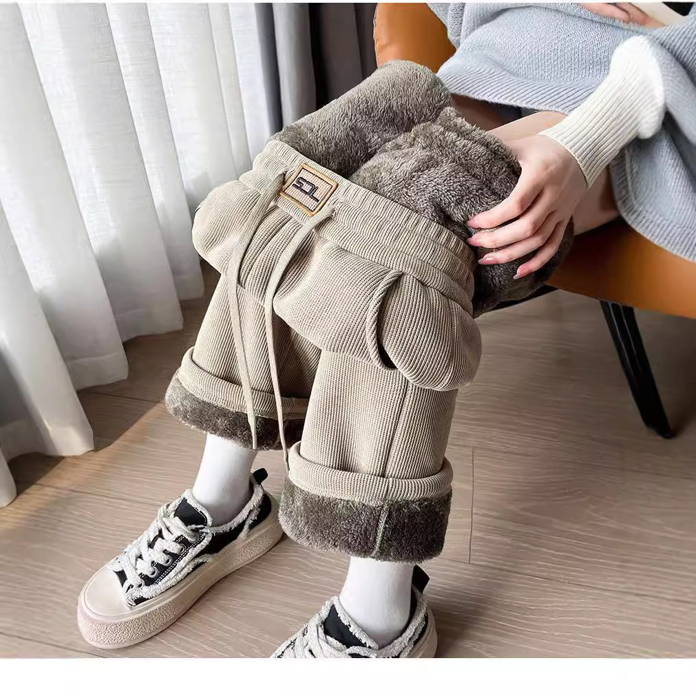 Pantaloni in pelle di agnello da donna, più velluto e ispessimento, nuovi pantaloni casual dritti, vita sottile, pantaloni a gamba larga, tutti abbinati_voghion.com