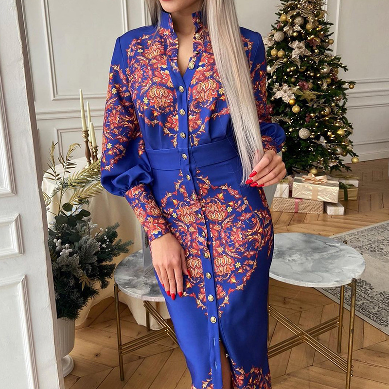 Women's printed stand collar long sleeve dress_voghion.com