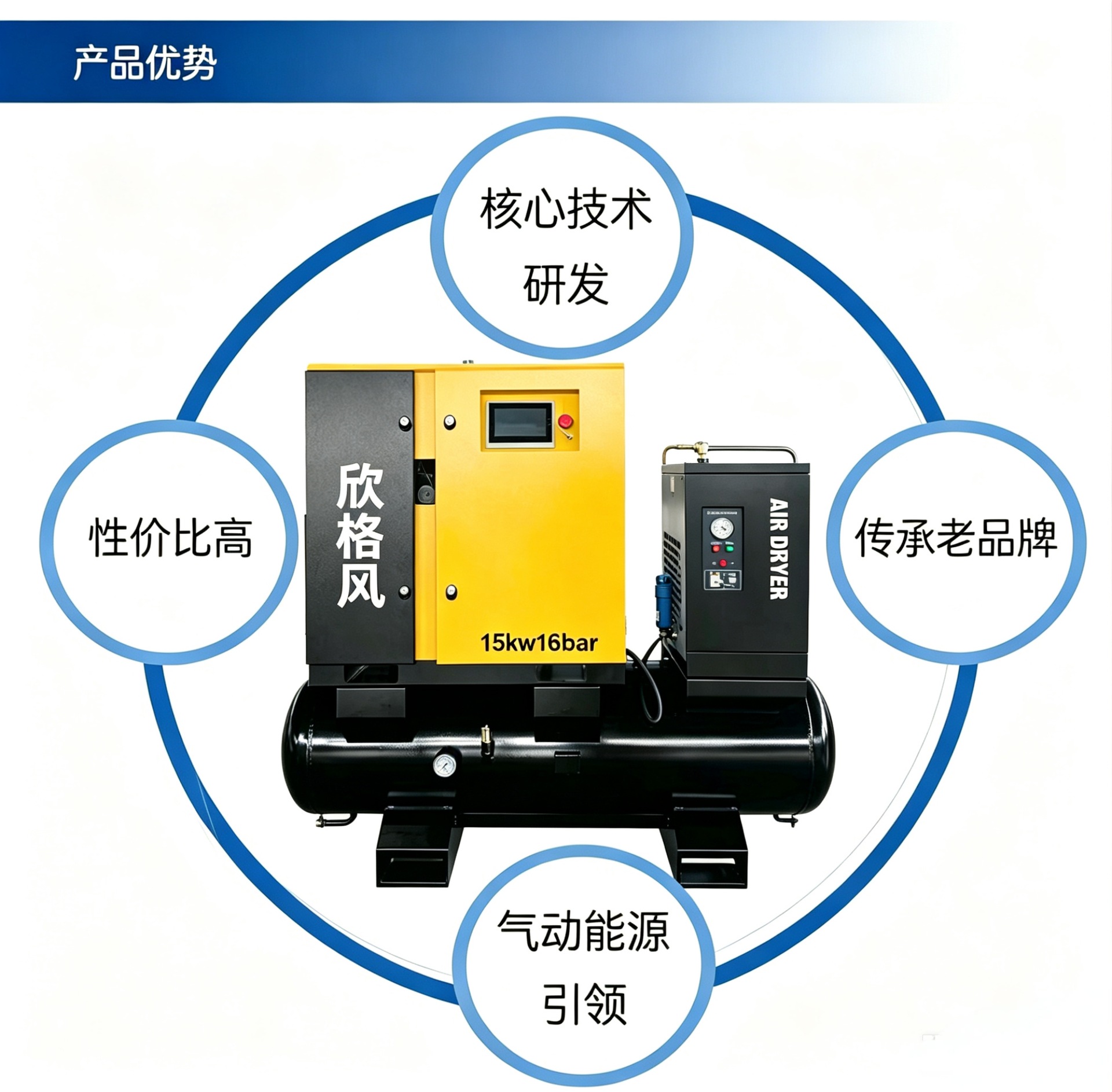 Integrated Air Compressor with Air Storage Tank, Permanent Magnet Variable Frequency Air Compressor, Industrial-Grade Screw-Type 15Kw Air Compressor
