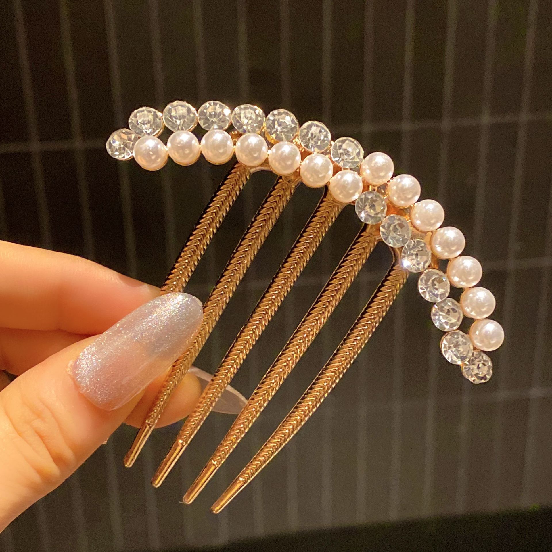 Zinc Alloy Imitation Pearl Hair Accessories Fashion Bead Hair Pin Simple Elegant Versatile Insert Comb Five-Tooth Hair Pin Reverse Insert Hair Comb