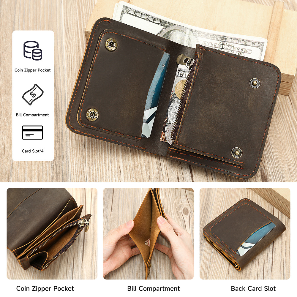 Ví da nam gập mini chất liệu da bò Crazy Horse phong cách retro — Màu nâu, Cà phê đậm, 10cm*2cm*11cm