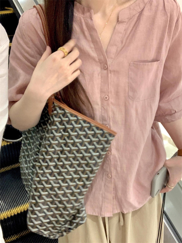 粉色棉麻短袖衬衫女夏季2025新款轻薄款衬衣巨好看的苎麻小衫上衣|undefined