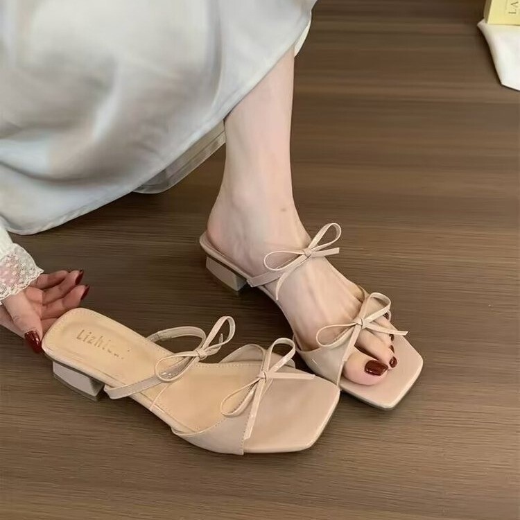 ファッショナブルで美しい〜太いヒールフレンチリボンスクエアトゥオープントゥサンダル女性のアウターシューズ2025夏新作|undefined