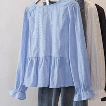 法式蓝色温柔抽绳领褶皱长袖衬衫女2025秋季大码胖别致上衣潮