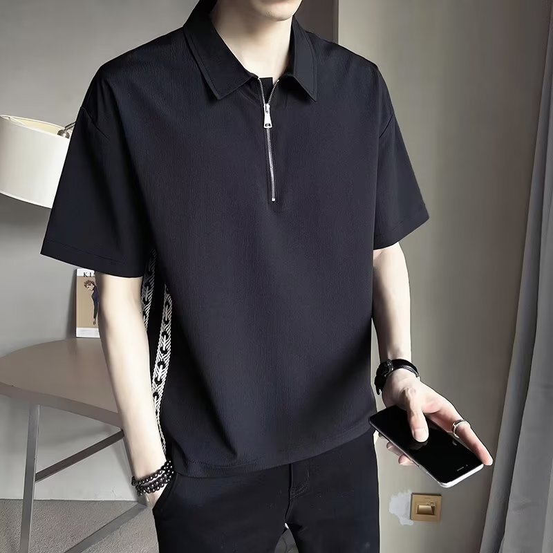 Men's shirt with zipper short sleeve T-shirt casual Pu Shuai summer new Korean style men's shirt half sleeve black shirt Men's shirt with zipper short sleeve T-shirt casual Pu Shuai summer new Korean style men's shirt half sleeve black shirt