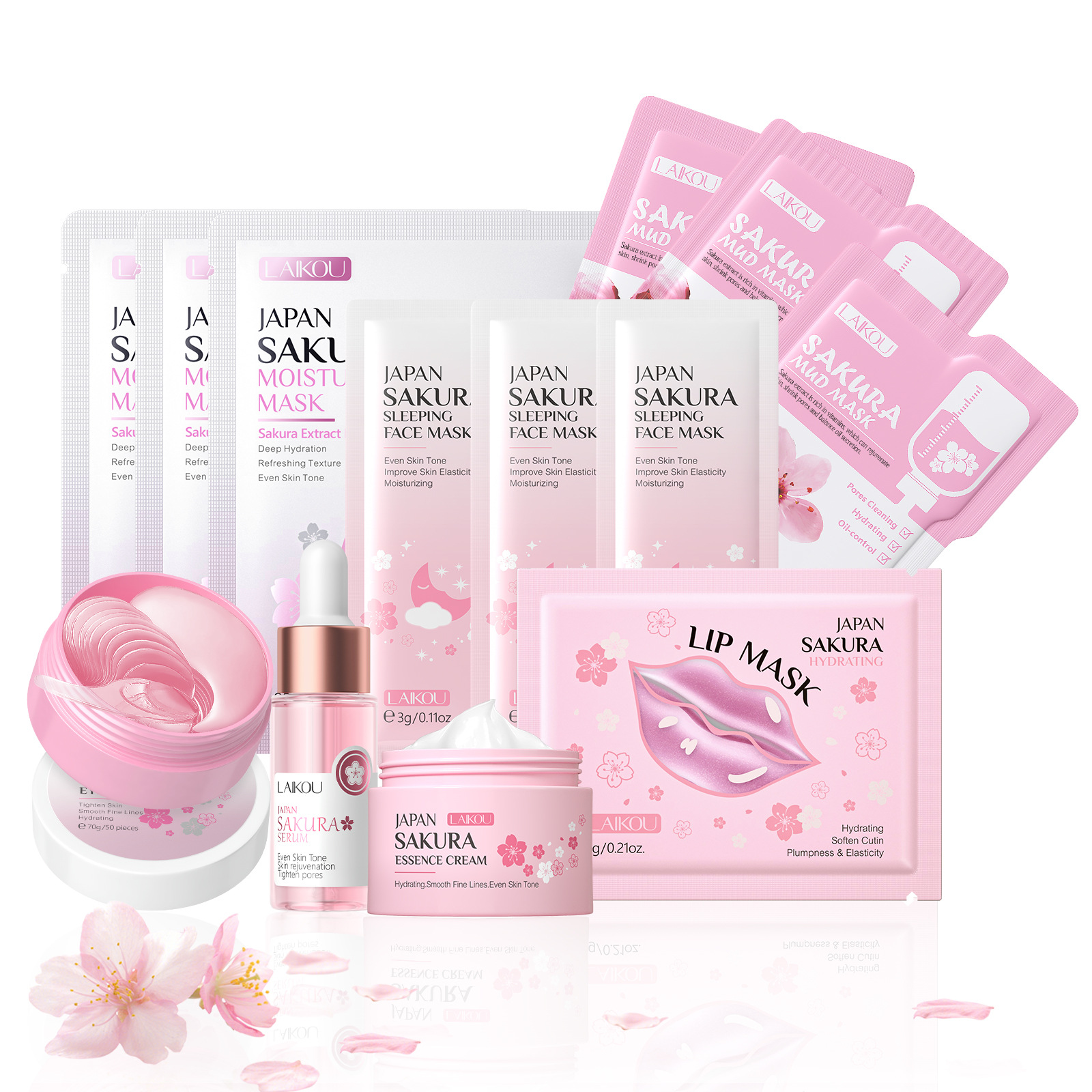 Conjunto combinado de leche de caracol y flor de cerezo LAIKOU transfronterizo, varios conjuntos, kit de productos para el cuidado de la piel de combinación libre.