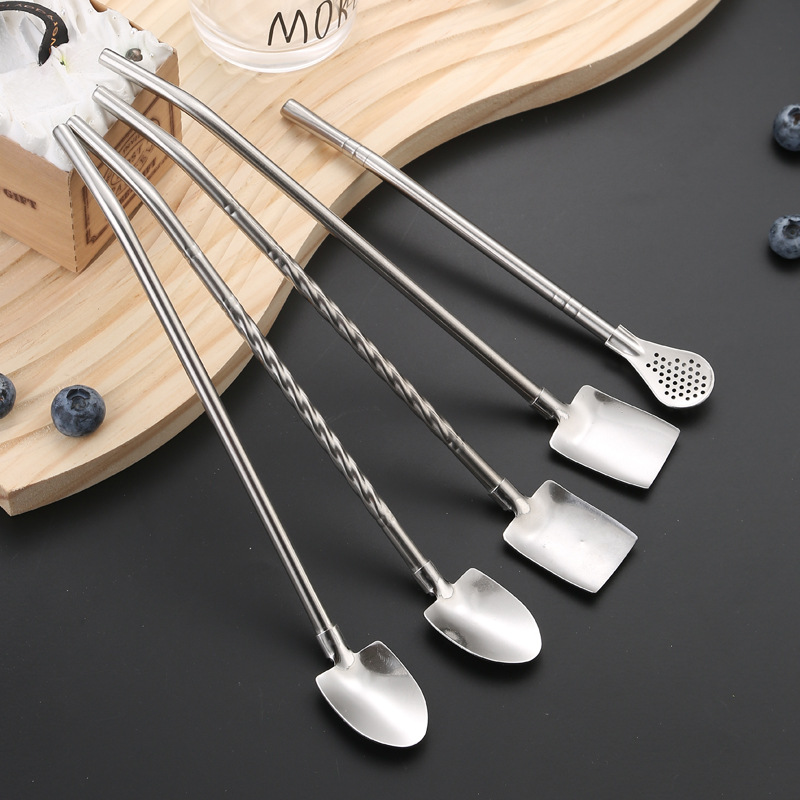 Stainless steel straw spoon creative two-in-one threaded watermelon spoon coffee drink milk tea stirrer factory direct sale