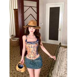 美式复古做旧牛仔吊带背心女夏季高级感鱼骨胸衣独特辣妹收腰上衣