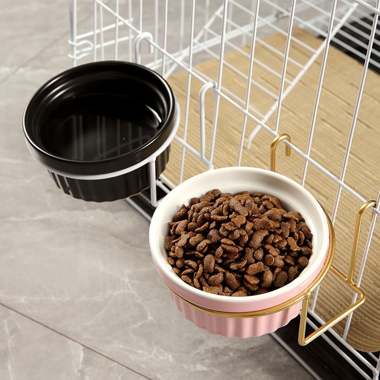 Fábrica al por mayor tazón de fuente de gato de cerámica tazón de comida para gatos jaula colgante fijo tazón de comida para gatos antidetonantes vajilla para mascotas