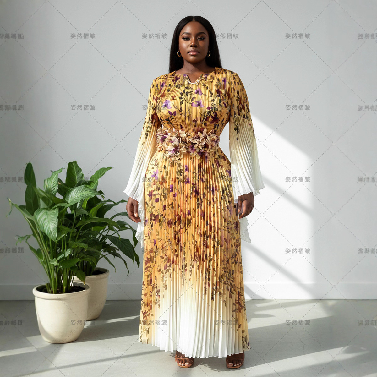 European and American Style Women's Long Dress, Pleated Dress, High-End Mesh Printed Evening Dress, Long-Sleeved Waist-Cinching Pleated Skirt