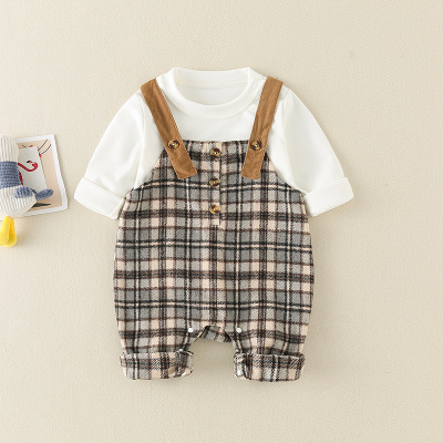 婴幼儿春款男宝女宝格子套装背带连体衣1韩版婴童爬服两件套2岁|ru