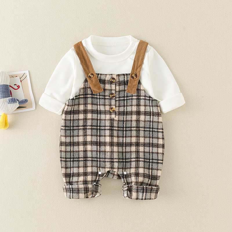 婴幼儿春款男宝女宝格子套装背带连体衣1韩版婴童爬服两件套2岁|ru