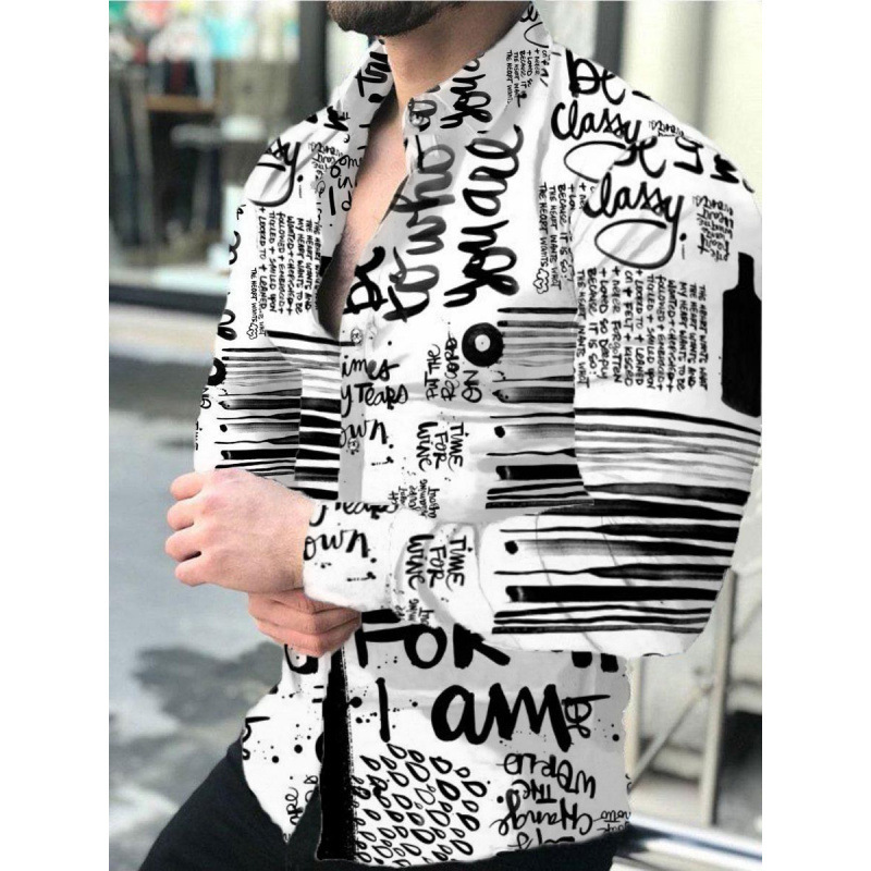 2025欧美男装衬衫秋季长袖翻领衬衫3d印花休闲衬衫男宽松男式衬衣|undefined