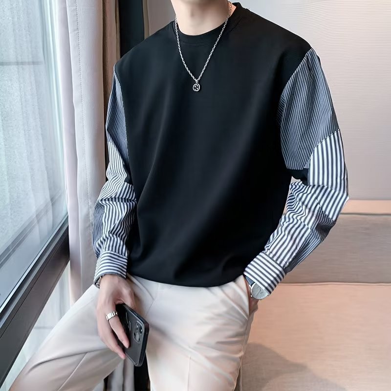 Suéter de cuello redondo con costuras a rayas de tendencia, estilo de Hong Kong para hombres, diseño suelto literario, otoño e invierno, top casual para hombres