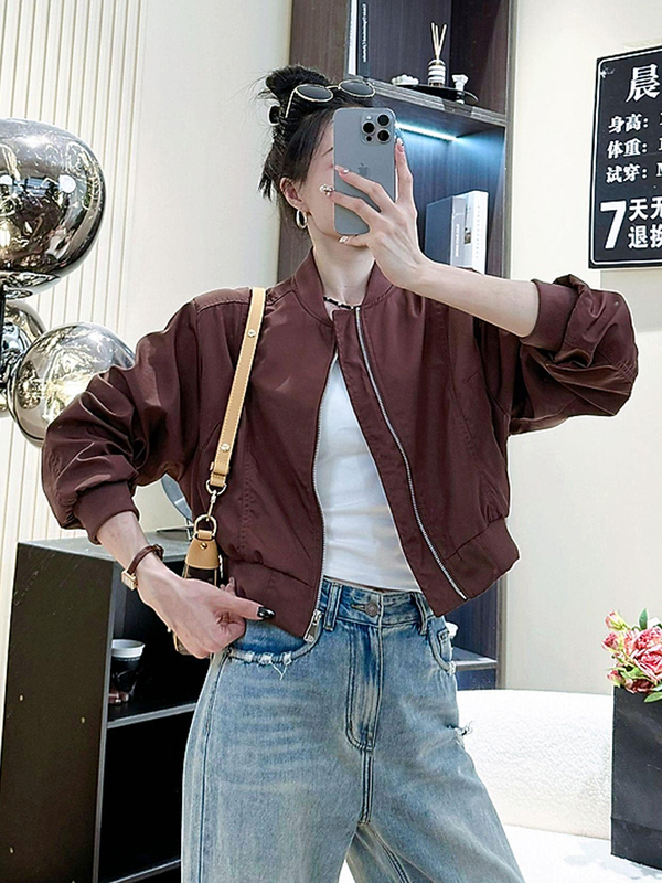 早秋女短款百搭休闲夹克上衣小个子简约时尚立领棒球服运动外套潮|undefined