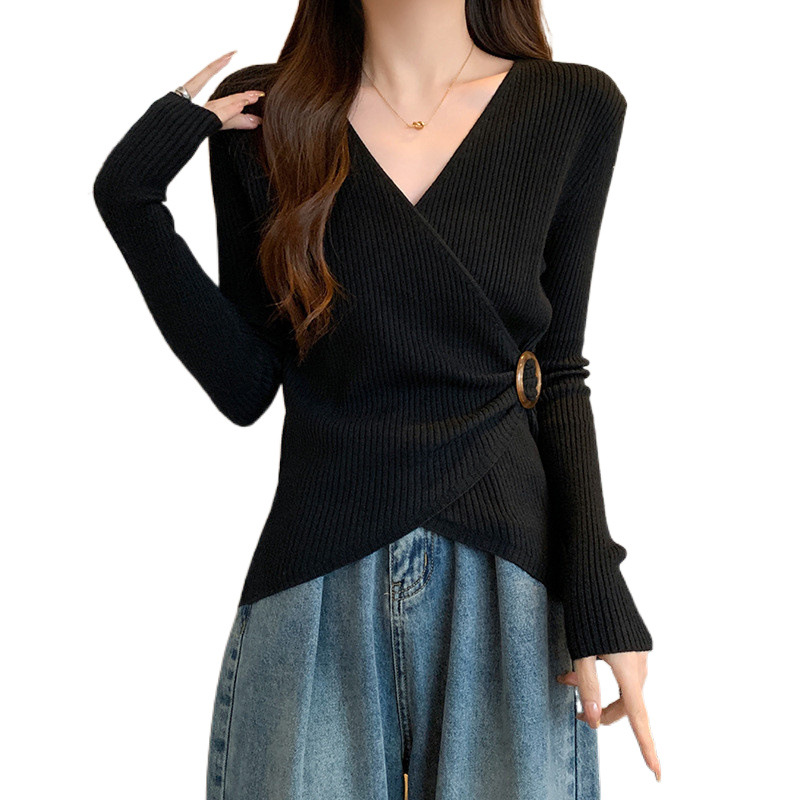 플러스 사이즈 디자인 센스 어깨 긴팔 니트 스웨터 여성의 겨울 불규칙한 통통녀 살을 가리는 슬림 내부베이스 탑