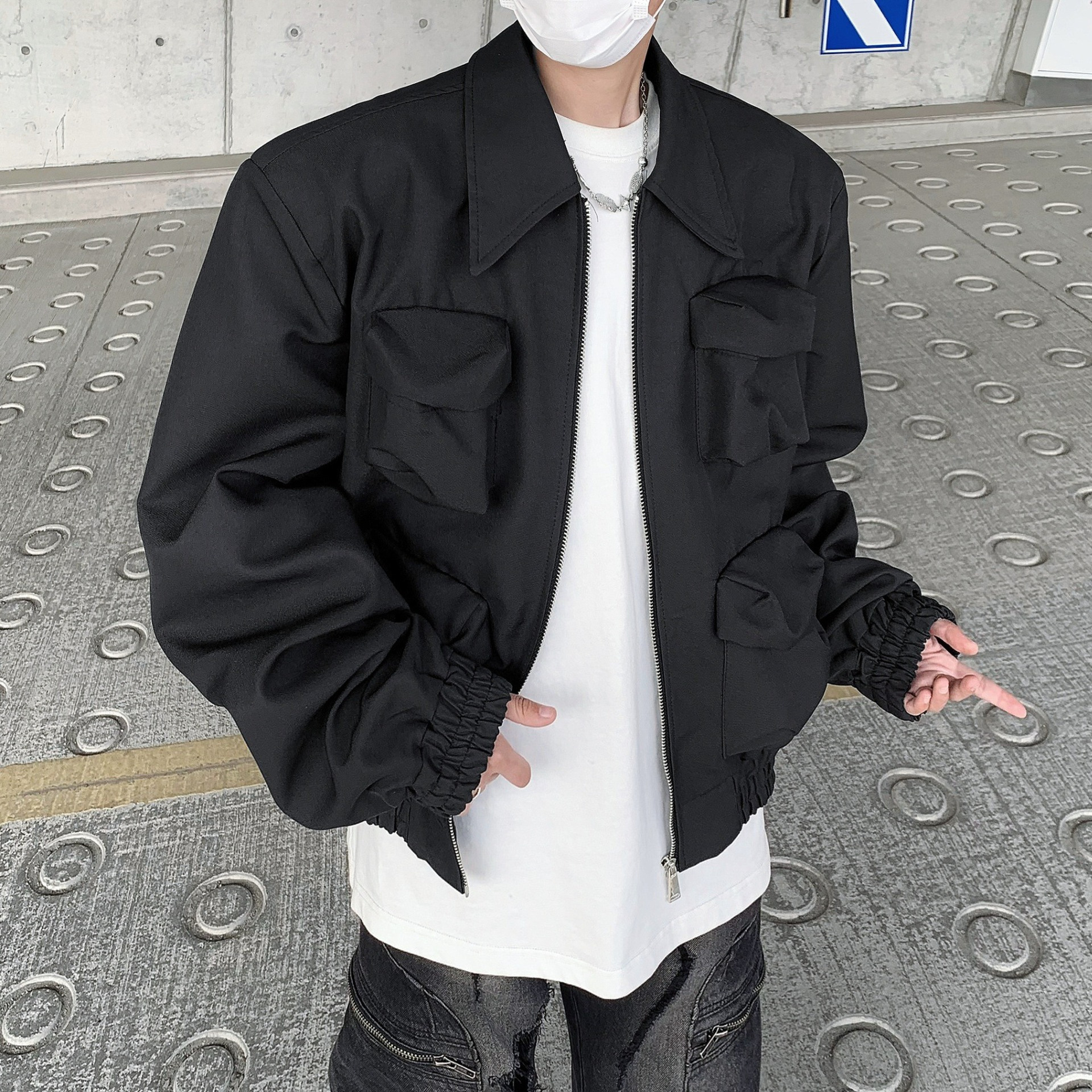 Autumn solid short shoulder pads, jacket with zipper, Korean style