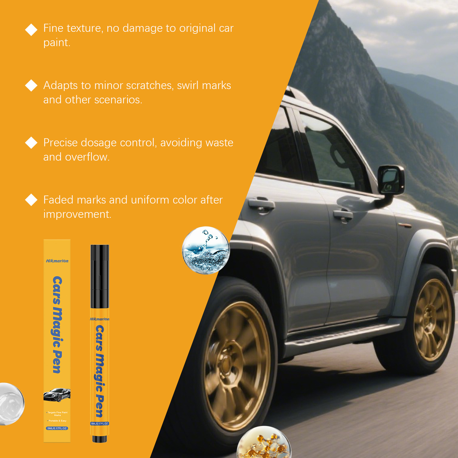 Hikmarion car scratch pen covers paint scratches, providing a simple and easy way to repair them without damaging the original paint