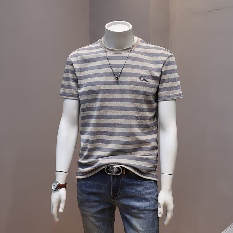 2024 Hong Kong style new summer striped T-shirt ins short sleeve new half sleeve men's summer half sleeve POLO control