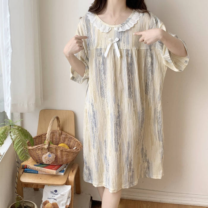 Verano 2024 vestido de pijama de niñas encaje de algodón tela arrugada dibujos animados manga corta media y larga lindo dulce ropa de hogar estudiantil