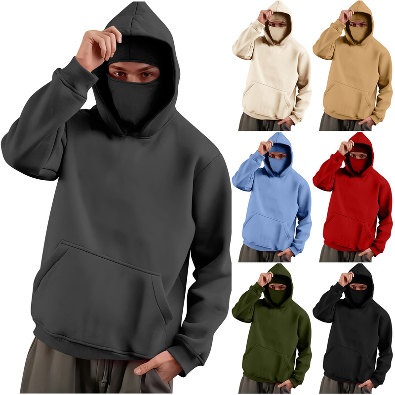 2025 Independent Station Amazon Men's Workwear Sports Fitness Warm Pocket Long Sleeve Double Hood Mask Casual Sweatshirt