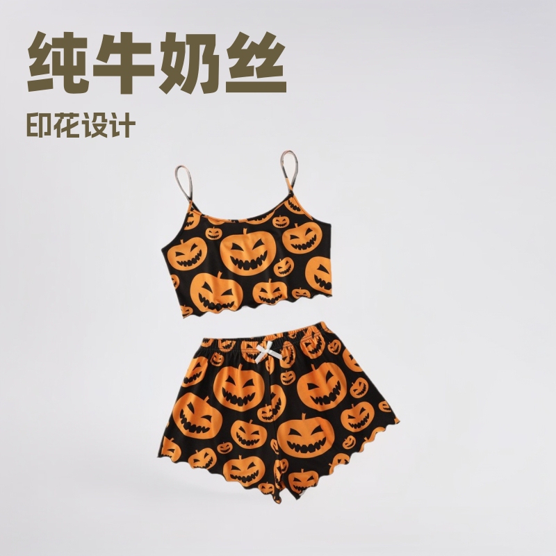 European and American Style Halloween Pumpkin Print Sleeveless Camisole Top and Shorts Loungewear Pajama Set for Women