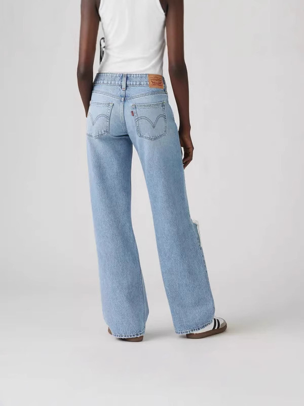 Jeans de Mujer de Tiro Alto de Algodón y Poliéster Pierna Ancha Rasgado para Uso Casual