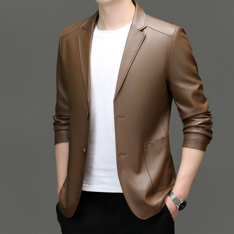 Brand new spring and autumn Haining leather jacket for men, suitable for young and middle-aged individuals, made of sheepskin, slim-fit, thin style Brand new spring and autumn Haining leather jacket for men, suitable for young and middle-aged individuals, made of sheepskin, slim-fit, thin style