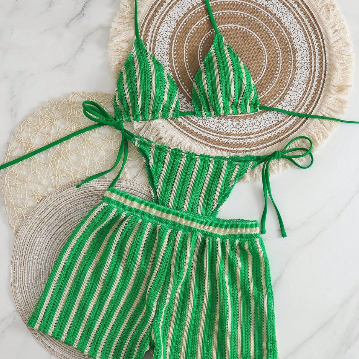 Costume da bagno da donna in tre pezzi lavorato a maglia con bordo incrociato, in pizzo e a righe, stile bohémien_voghion.com