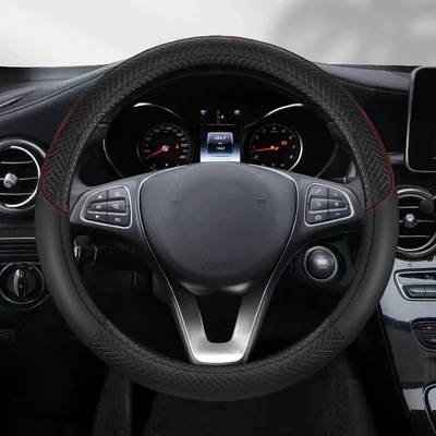 Cross-border Amazon new stitching leather steering wheel cover four seasons car steering wheel non-slip breathable no inner ring (Steering wheel cover) - embossed-black-red-line-cross-border-high-quality-inner-ring