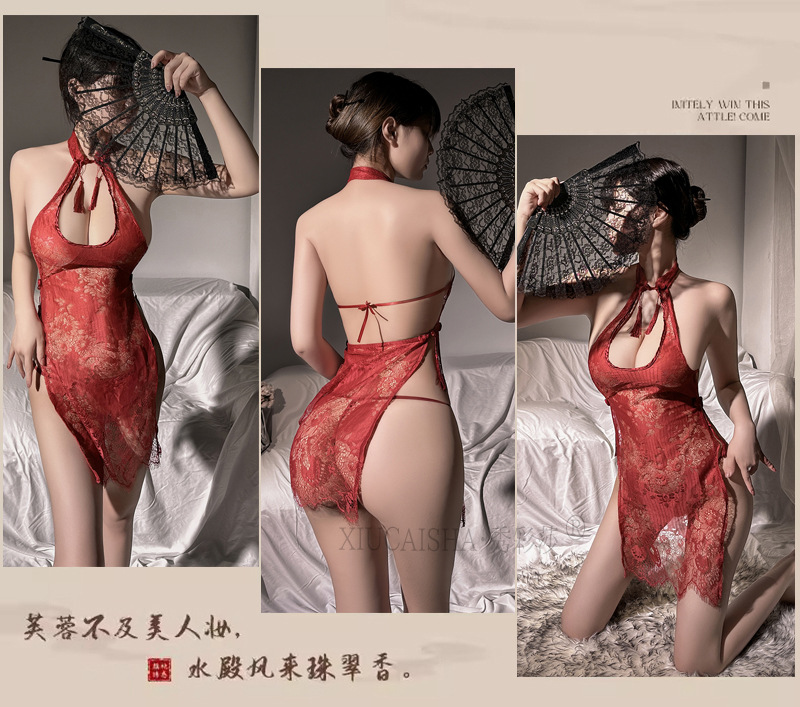 Red Lace Cheongsam Costume Set with Fishnet Stockings, One Size Roleplay Lingerie — detail image 11