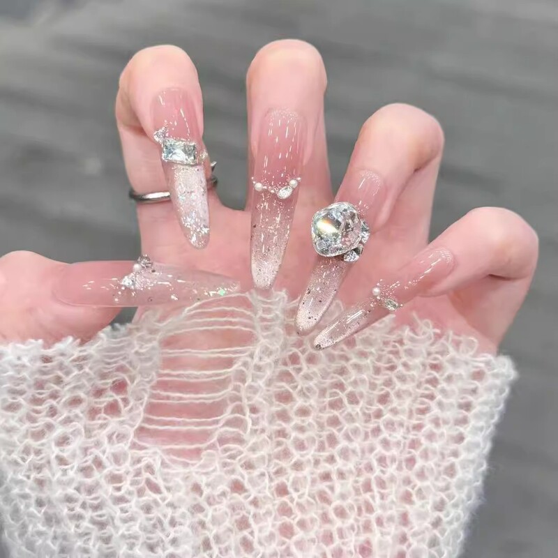 Caita-[Qianjinlian] Purely Handmade Wearable Nails, French Cat-Eye Style, Sparkling High-End Whitening Nail Stickers