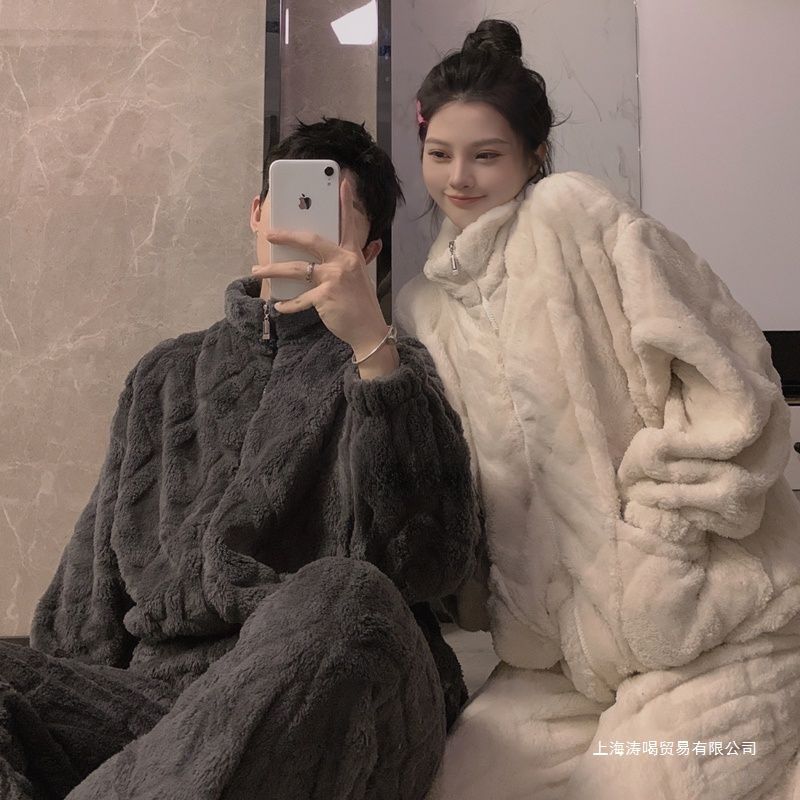 Coral Velvet Couple Pajamas for Women in Winter Fleece-Lined Thickeneded Flannel Men's Home Clothes Warm Suit for Winter Outer Wear