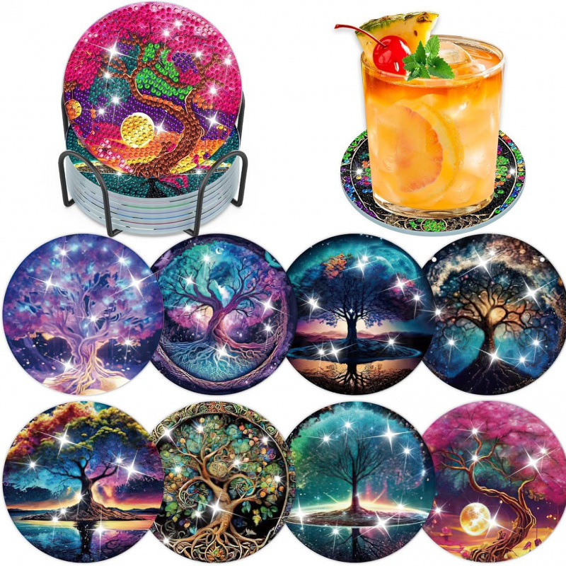 Ventas transfronterizas calientes de 8 piezas de conjunto de cojín de taza de arte de diamante, con soporte, pequeño conjunto de pintura de diamante, adecuado para adultos